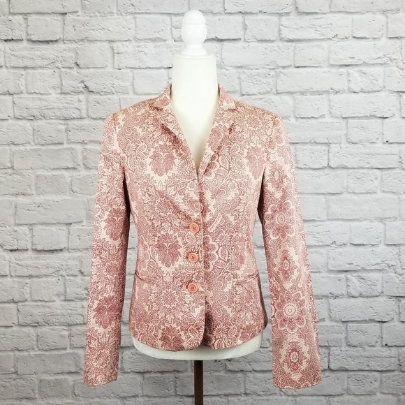 Moschino Jeans cream red floral paisley 3 button front blazer women's size 10 - Picture 2 of 9